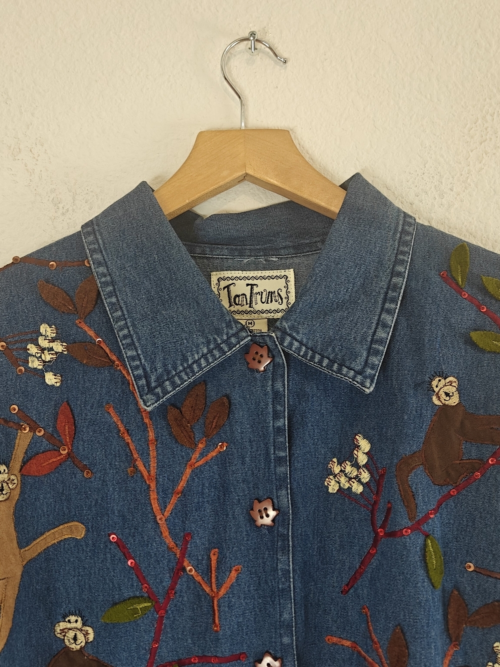 VTG 90s Tantrums Monkey Embroidered Denim Button Up Beaded Sequin Tree Cotton M - Picture 9 of 14